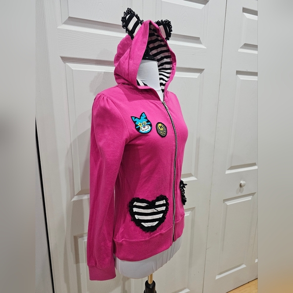 Rare Jessica Louise Pink Punk Patch Black White Striped Ear Zip Hoodie M - Picture 6 of 12